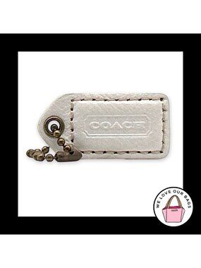 COACH Y2K VINTAGE Hang Tag 1.5" White Leather Bag Charm Keychain Antique Brass